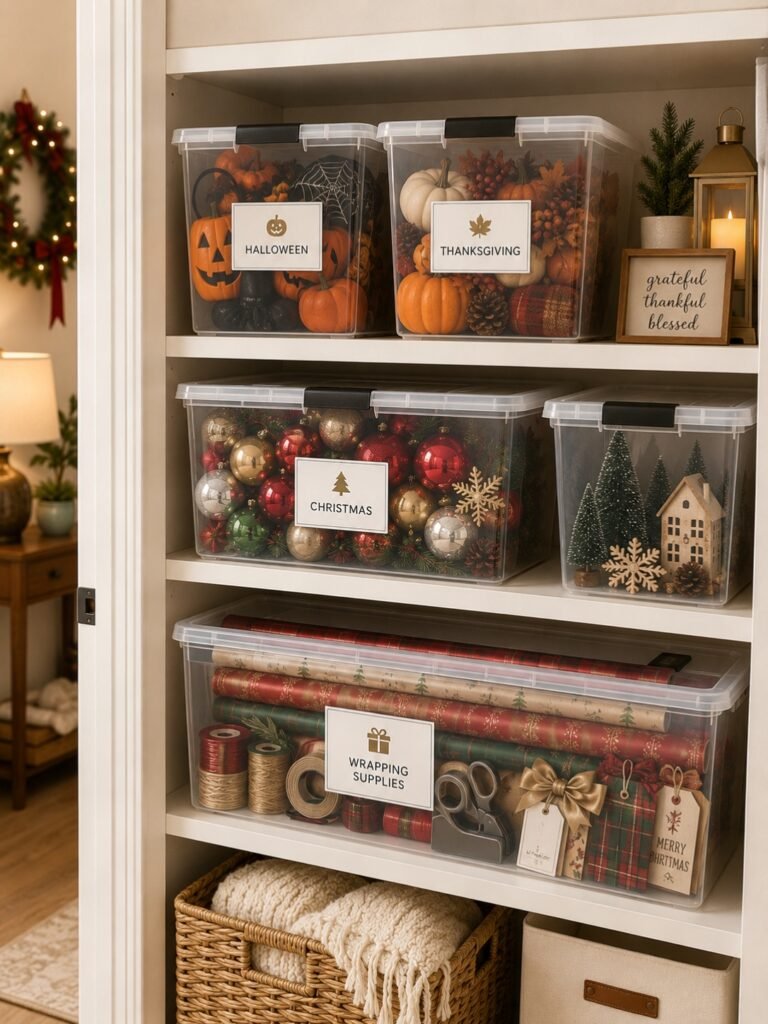 Clear lidded storage bins labeled