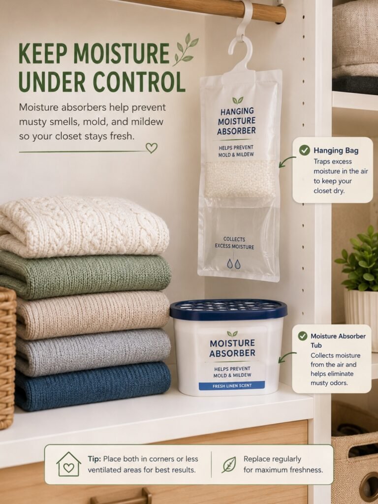 Organized closet with moisture control products.