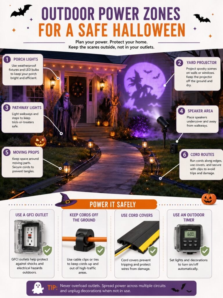 how to use outdoor Halloween decorations without overloading outlets