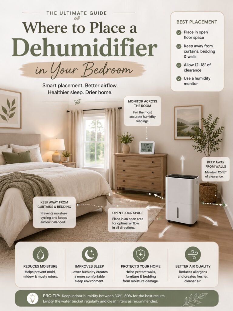 Bedroom with dehumidifier placed away from curtains and bedding